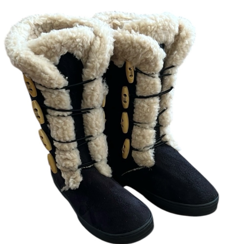 COZY FAUX SHEARLING LINED KNEE HIGH BOOTS WITH BUTTON ACCENTS BLACK SIZE 7